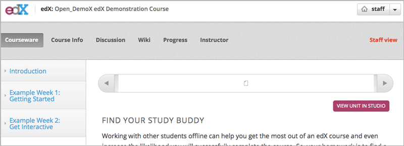 Image of the Courseware page in a live course with Staff View indicated at top right and a View Unit in Studio button