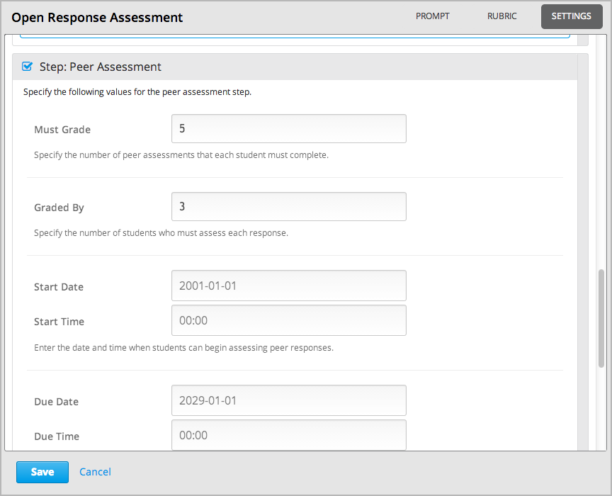 The Open Response Assessment editor Settings tab