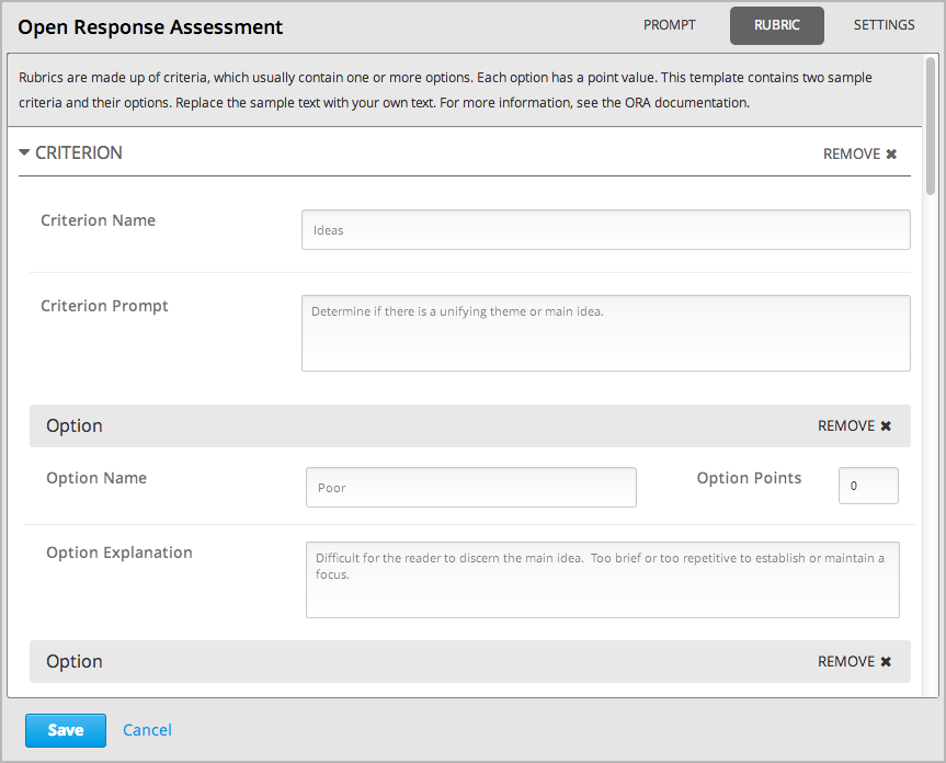 The Open Response Assessment editor Rubric tab