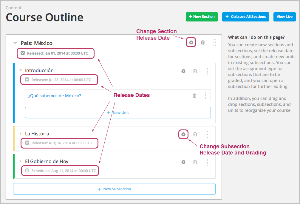 The Course Outline page with release dates indicated and callouts for the "Settings" icons that allows you to change it