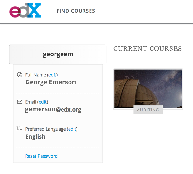 User profile in the old student dashboard